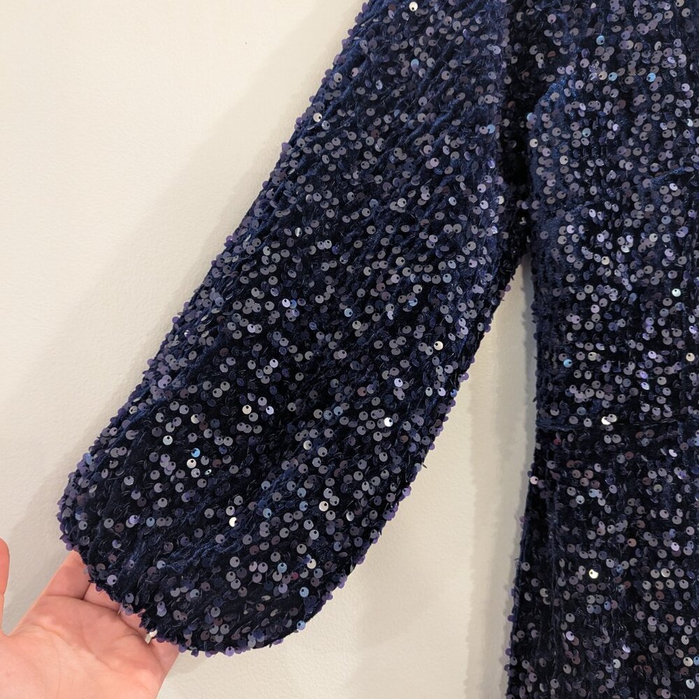 ELIE TAHARI Nwt The Robin Sequin Dress 8 Midnight Blue Blouson Sleeve Midi - Picture 6 of 12